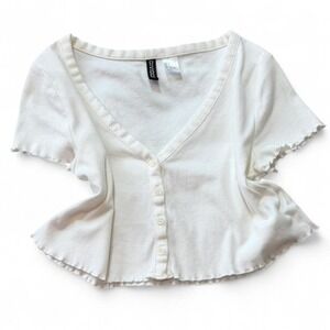 Divided‎ By H&M White Button Up Cropped Baby Tee, Women's Size S